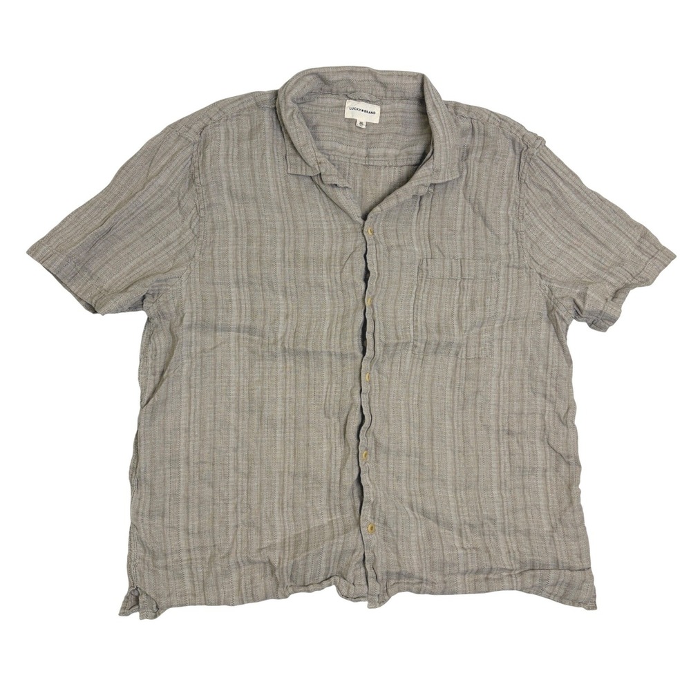 Lucky Brand Mens‎ XXL Tan Linen Cotton Striped Short Sleeve Button Up Shirt